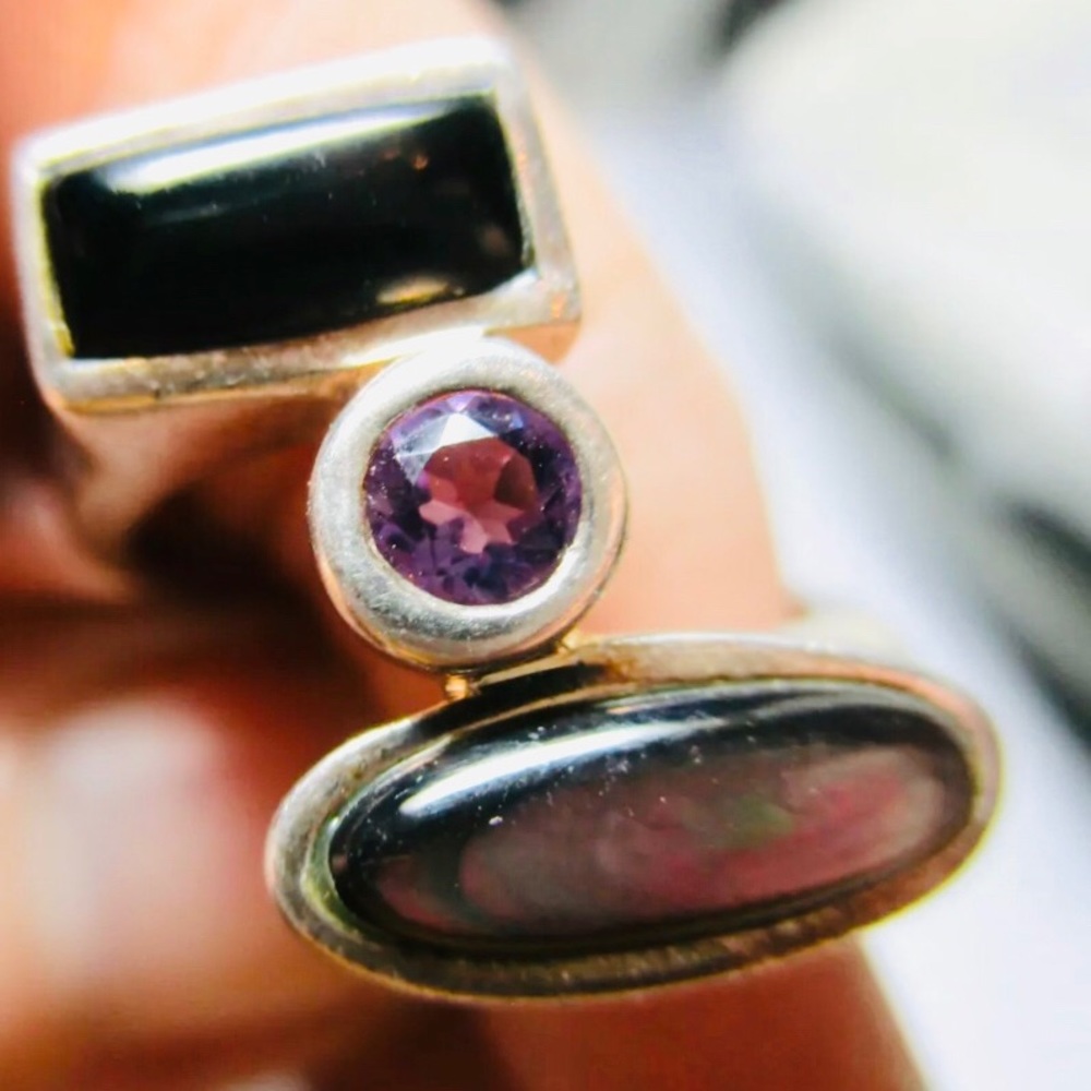 70’s Sterling Ring Amethyst Onyx Artist Hand Made